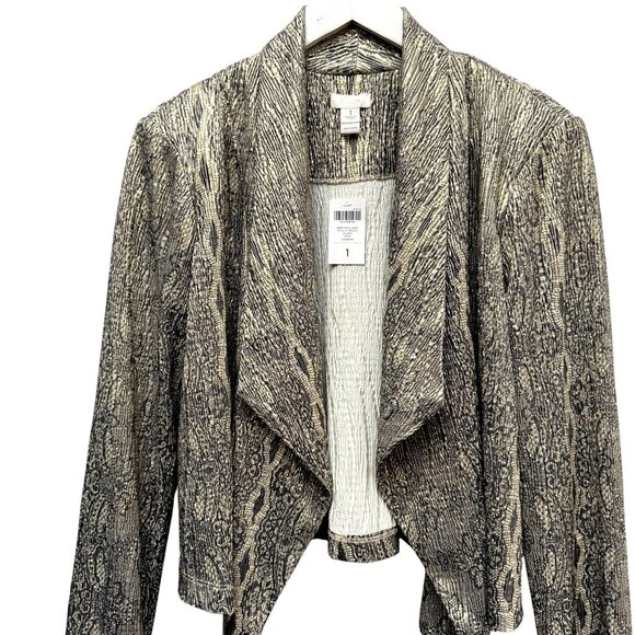CHICOS Metallic Jacket Medium (Chicos1) Gold Snake Stretch Women Evening Top NWT - Picture 3 of 11